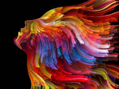 Yüz renk serisi. İnsan profili ve yaratıcılık, tasarım, iç dünya, içgüdü ve sanatsal ruh konusunda boya hareketli renkli çizgiler