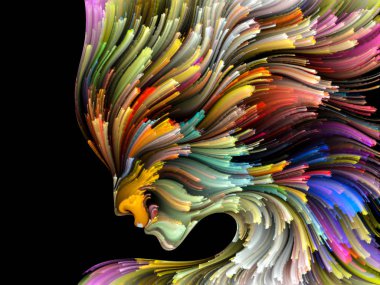 Yüz renk serisi. Arka plan tasarım insan profili ve yaratıcılık, tasarım, iç dünya, içgüdü ve sanatsal ruh konusunda boya hareketli renkli çizgiler