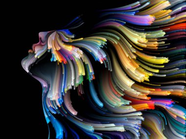 Yüz renk serisi. Tasarım insan profili ve boya bir metafor olarak yaratıcılık, tasarım, iç dünya, içgüdü ve sanatsal ruh konusunda hareketli renkli çizgiler oluşur