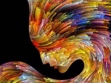 Yüz renk serisi. Zemin insan profili ve yaratıcılık, tasarım, iç dünya, insan doğası ve sanatsal ruhu projelerinde kullanmak için boya hareketli renkli çizgiler oluşur