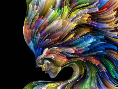 Yüz renk serisi. İnsan profili ve yaratıcılık, tasarım, iç dünya, içgüdü ve sanatsal ruhu boya mecazi ilişki ile hareketli renkli çizgiler bileşimi