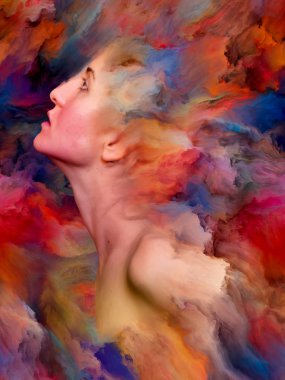 Kadının dünya serisi. Duygular, duygular, iç dünya, yaratıcılık ve hayal gücü konusunda canlı boya ile soyut tasarım kadın portresi yapılan erimiş