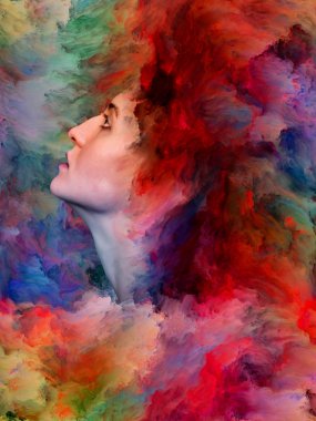 Kadınlar Dünya Serisi. Arkaplan, canlı boyayla kaynaşmış kadın portresinden oluşuyor ve duygular, iç dünya, yaratıcılık ve hayal gücü projelerinde kullanılmaya uygun.