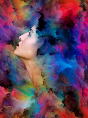 Kadınlar Dünya Serisi. Duygular, duygular, iç dünya, yaratıcılık ve hayal gücü konularında bir metafor olarak kadın portresinin canlı resimlerle kaynaşmış yaratıcı düzenlemesi.