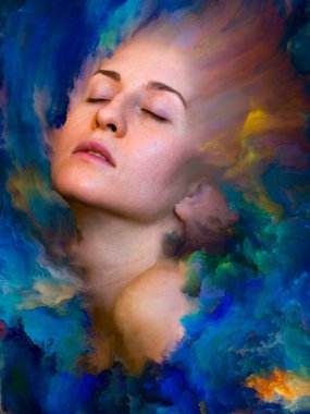 Dünya serisi. Duygular, duygular, iç dünya, yaratıcılık ve hayal gücü konularında kadın portresiyle birleştirilmiş soyut tasarım.