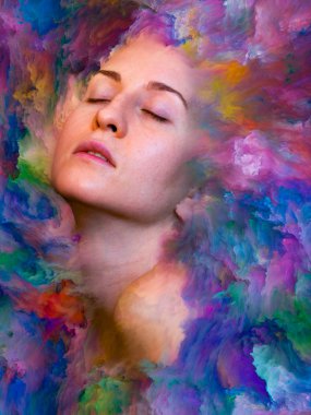 Dünya serisi. Duygular, duygular, iç dünya, yaratıcılık ve hayal gücü konularında kadın portresiyle birleştirilmiş soyut tasarım.