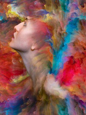 İç dış serisi. Duygular, duygular, iç dünya, yaratıcılık ve hayal gücü konusunda canlı boya ile soyut tasarım kadın portresi yapılan erimiş