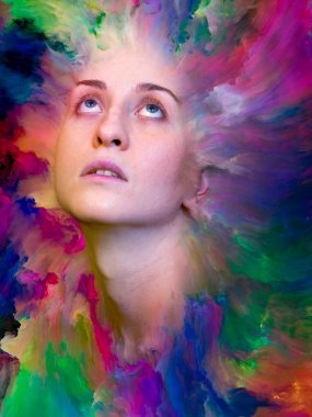 Dış serinin içinde. Duygular, duygular, iç dünya, yaratıcılık ve hayal gücü konularında bir metafor olarak kadın portresinin canlı resimlerle kaynaşmış yaratıcı düzenlemesi.