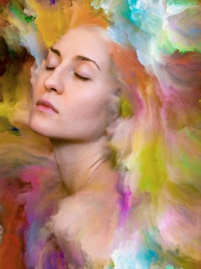 İç dış serisi. Kadın portre tasarlamak zemin inşaat üstünde duygular, duygular, iç dünya, yaratıcılık ve hayal gücü için canlı boya ile erimiş