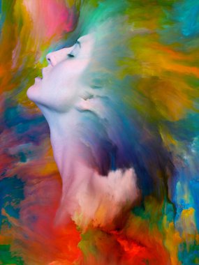 Dış serinin içinde. Kadın portresinin arka planı duygular, duygular, iç dünya, yaratıcılık ve hayal gücü üzerine canlı boyalar ile kaynaştırılmış.