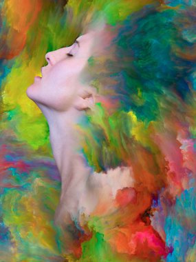 Dış serinin içinde. Kadın portresinin arka planı duygular, duygular, iç dünya, yaratıcılık ve hayal gücü üzerine canlı boyalar ile kaynaştırılmış.