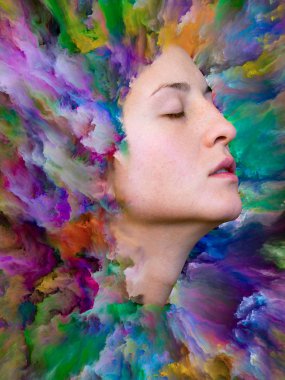 İç dış serisi. Duygular, duygular, iç dünya, yaratıcılık ve hayal gücü projelerde kullanılmak üzere canlı boya ile kadın portresi yapılan sanatsal arka plan erimiş