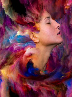 Dış serinin içinde. Duygular, duygular, iç dünya, yaratıcılık ve hayal gücü konularında bir metafor olarak kadın portresinin canlı resimlerle kaynaşmış yaratıcı düzenlemesi.