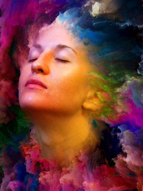 Dış serinin içinde. Kadın portresinin soyut bileşimi duygular, duygular, iç dünya, yaratıcılık ve hayal gücüyle ilgili projelere uygun canlı boyayla kaynaştırılmış.