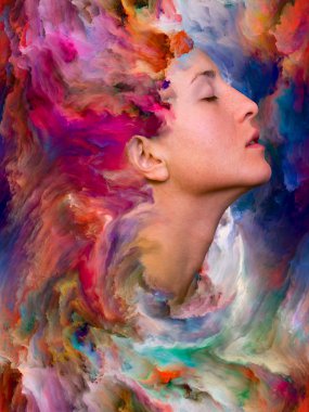 İç dış serisi. Kadın portre resimler üzerinde duygular, duygular, iç dünya, yaratıcılık ve hayal gücü için canlı boya ile erimiş tasarlamak zemin