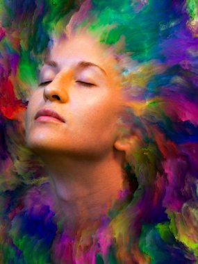 Dış serinin içinde. Kadın portresinin soyut bileşimi duygular, duygular, iç dünya, yaratıcılık ve hayal gücüyle ilgili projelere uygun canlı boyayla kaynaştırılmış.