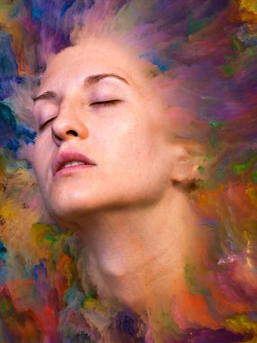 Dünya serisi. Duygular, duygular, iç dünya, yaratıcılık ve hayal gücü konularında kadın portresiyle birleştirilmiş sanatsal soyutlama.