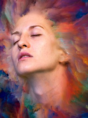 Dünya serisi. Duygular, duygular, iç dünya, yaratıcılık ve hayal gücü konularında kadın portresiyle birleştirilmiş sanatsal soyutlama.