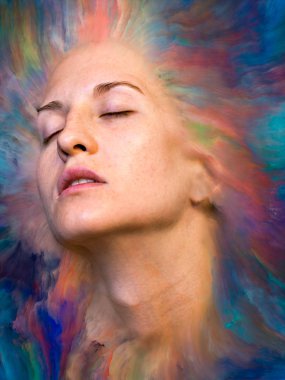 Onun Dünya serisi. Kadın portre canlı boya ile erimiş ve duygular, duygular, iç dünya, yaratıcılık ve hayal gücü projelerde kullanım için uygun zemin oluşur