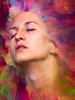 Dünya serisi. Duygular, duygular, iç dünya, yaratıcılık ve hayal gücü konularında kadın portresiyle birleştirilmiş sanatsal soyutlama.