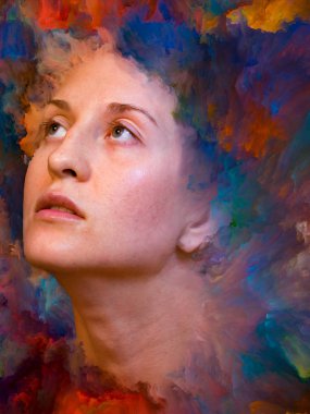 Onun Dünya serisi. Kadın portre canlı boya ile erimiş ve duygular, duygular, iç dünya, yaratıcılık ve hayal gücü projelerde kullanım için uygun zemin oluşur