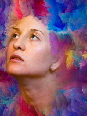 Dünya serisi. Duygular, duygular, iç dünya, yaratıcılık ve hayal gücü üzerine projelerle birleştirilmiş kadın portresinin soyut arkaplanı.