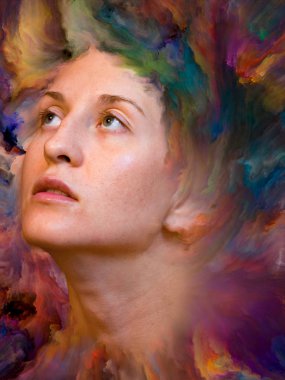 Dünya serisi. Duygular, duygular, iç dünya, yaratıcılık ve hayal gücü üzerine projelerle birleştirilmiş kadın portresinin soyut arkaplanı.