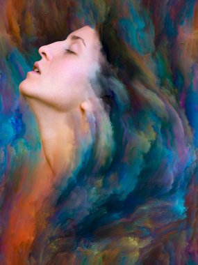 Onun Dünya serisi. Mecazi ilişki duygular, duygular, iç dünya, yaratıcılık ve hayal gücü ile canlı boya ile kadın portre bileşimi erimiş