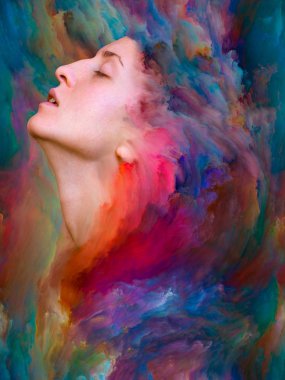 Dünya serisi. Duygular, duygular, iç dünya, yaratıcılık ve hayal gücü üzerine projelerle birleştirilmiş kadın portresinin soyut arkaplanı.