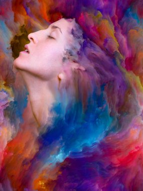 Onun Dünya serisi. Mecazi ilişki duygular, duygular, iç dünya, yaratıcılık ve hayal gücü ile canlı boya ile kadın portre bileşimi erimiş