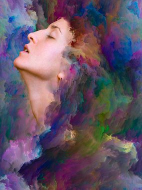 Dünya serisi. Duygular, duygular, iç dünya, yaratıcılık ve hayal gücü konularında bir metafor olarak kadın portresinin canlı resimlerle kaynaşmış yaratıcı düzenlemesi.