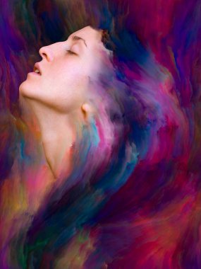 Dünya serisi. Duygular, duygular, iç dünya, yaratıcılık ve hayal gücü konularında bir metafor olarak kadın portresinin canlı resimlerle kaynaşmış yaratıcı düzenlemesi.