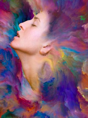 Dünya serisi. Duygular, duygular, iç dünya, yaratıcılık ve hayal gücü üzerine projeler için uygun bir zemin olarak canlı boyayla kaynaştırılmış kadın portresinin bileşimi