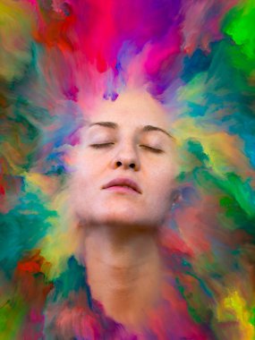 Dünya serisi. Duygular, duygular, iç dünya, yaratıcılık ve hayal gücü konularında bir metafor olarak kadın portresinin canlı resimlerle kaynaşmış yaratıcı düzenlemesi.