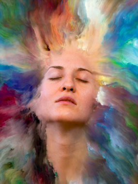 Onun Dünya serisi. Tasarım projeleri için fon olarak hizmet verecek kadın portre ile canlı boya erimiş yapılmış duygular, duygular, iç dünya, yaratıcılık ve hayal gücü ile ilgili