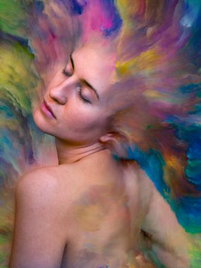 Onun Dünya serisi. Kadın portre tasarlamak zemin inşaat üstünde duygular, duygular, iç dünya, yaratıcılık ve hayal gücü için canlı boya ile erimiş