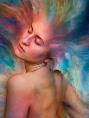 Onun Dünya serisi. Kadın portre tasarlamak zemin inşaat üstünde duygular, duygular, iç dünya, yaratıcılık ve hayal gücü için canlı boya ile erimiş