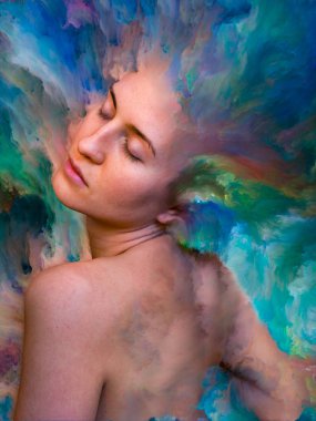 Onun Dünya serisi. Kadın portre tasarlamak zemin inşaat üstünde duygular, duygular, iç dünya, yaratıcılık ve hayal gücü için canlı boya ile erimiş