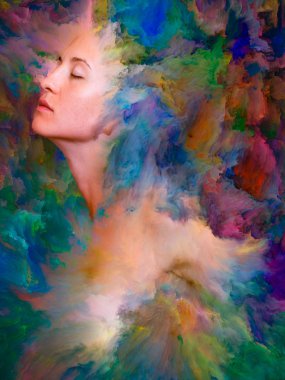 Dünya serisi. Duygular, duygular, iç dünya, yaratıcılık ve hayal gücü konularındaki tasarımınızı tamamlamak için kadın portresinin arka planı canlı boyayla kaynaşmış.