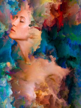 Onun Dünya serisi. Duygular, duygular, iç dünya, yaratıcılık ve hayal gücü konusunda canlı boya ile arka plan kompozisyonu kadın portresi erimiş