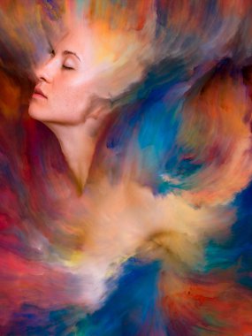 Onun Dünya serisi. Duygular, duygular, iç dünya, yaratıcılık ve hayal gücü konusunda canlı boya ile arka plan kompozisyonu kadın portresi erimiş