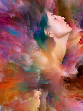 Dünya serisi. Kadın portresinin arka planı duygular, duygular, iç dünya, yaratıcılık ve hayal gücü üzerine canlı boyalar ile kaynaştırılmış.