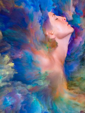 Dünya serisi. Kadın portresinin arka planı duygular, duygular, iç dünya, yaratıcılık ve hayal gücü üzerine canlı boyalar ile kaynaştırılmış.