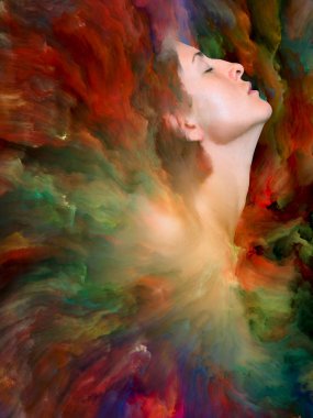 Dünya serisi. Kadın portresinin arka planı duygular, duygular, iç dünya, yaratıcılık ve hayal gücü üzerine canlı boyalar ile kaynaştırılmış.