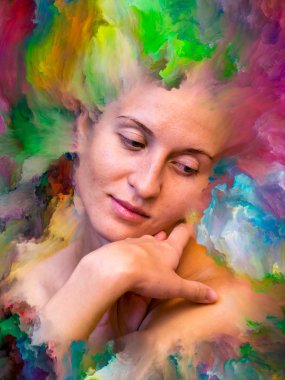 Onun Dünya serisi. Canlı boya uygun projeler üzerinde duygular, duygular, iç dünya, yaratıcılık ve hayal gücü ile erimiş kadın portresi aranjman