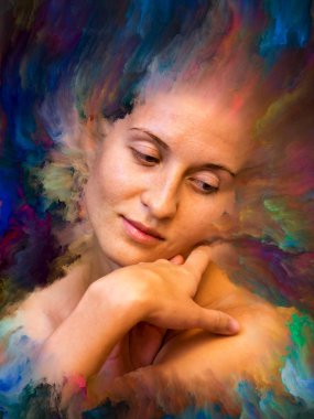 Onun Dünya serisi. Canlı boya uygun projeler üzerinde duygular, duygular, iç dünya, yaratıcılık ve hayal gücü ile erimiş kadın portresi aranjman