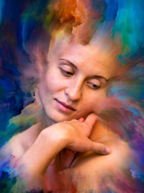 Onun Dünya serisi. Canlı boya uygun projeler üzerinde duygular, duygular, iç dünya, yaratıcılık ve hayal gücü ile erimiş kadın portresi aranjman