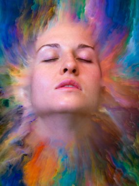 Dünya serisi. Kadın portresinin soyut bileşimi duygular, duygular, iç dünya, yaratıcılık ve hayal gücüyle ilgili projelere uygun canlı boyayla kaynaştırılmış.