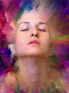 Dünya serisi. Kadın portresinin soyut bileşimi duygular, duygular, iç dünya, yaratıcılık ve hayal gücüyle ilgili projelere uygun canlı boyayla kaynaştırılmış.