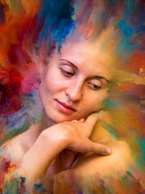 Dünya serisi. Kadın portresinin soyut bileşimi duygular, duygular, iç dünya, yaratıcılık ve hayal gücüyle ilgili projelere uygun canlı boyayla kaynaştırılmış.